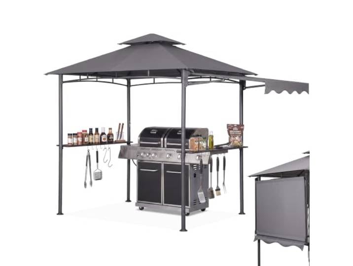 Sekey grillpavillon Winterfest wetterfest mit Seitenmarkise, Seitenregalen, Haken & Flaschenöffner, sekundenschnell aufbaubar UV-Schutz 50+, grillüberdachung Outdoor für Garten BBQ Camping, Anthrazit