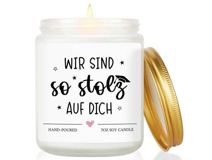 Duftkerze Wir sind so stolz auf dich Lavendel Sojawachs, Weiß, Paraffin, 11 cm, Dekoration, Kerzen & Kerzenhalter, Duftkerzen