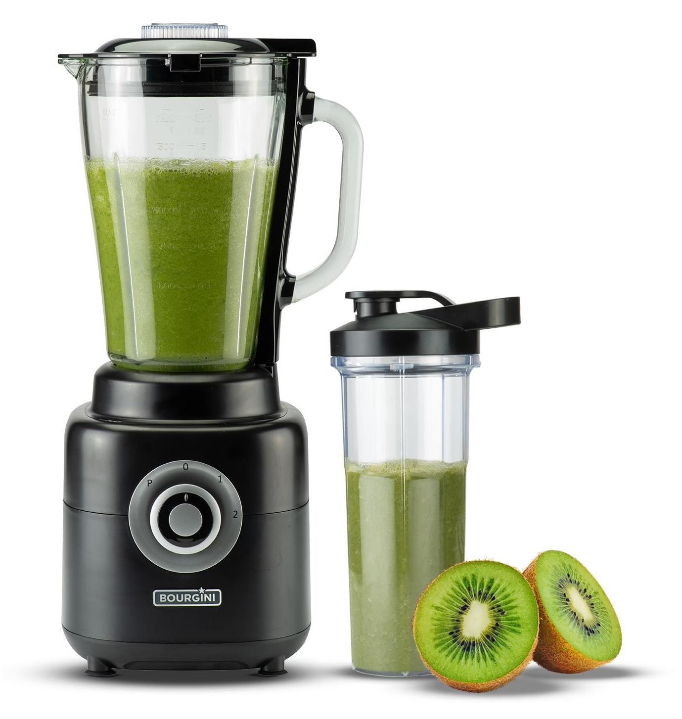 Bourgini Power Blender met beker en ijscrusher, 1,75 l, 1000 Watt, Zwart