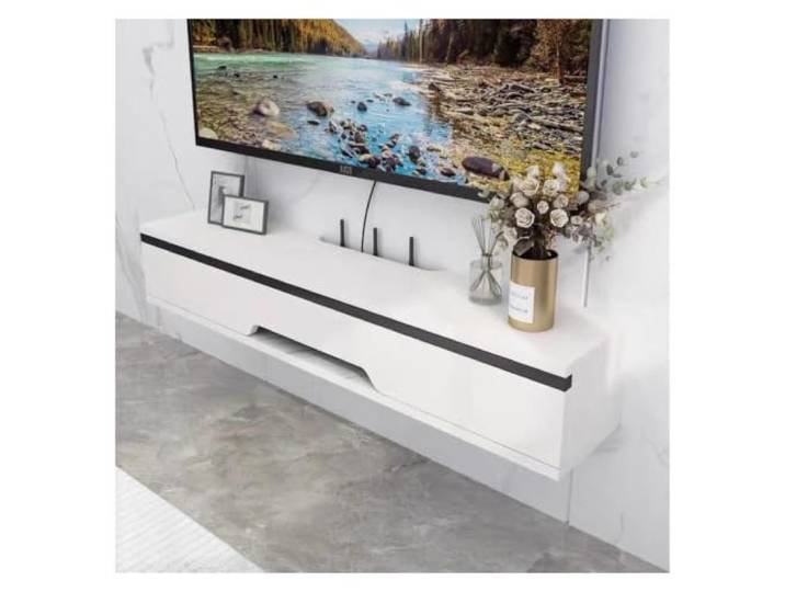 An der Wand montierter schwebender TV-Ständer. Hängende TV-Konsole Mit schwarzer Dekorleiste, wandhängender TV-Schrank for Wohnzimmer und Schlafzimmer