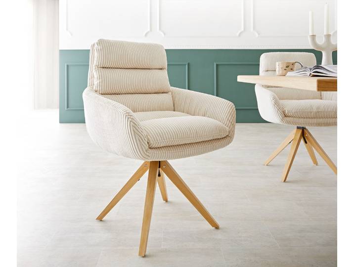 Esszimmerstuhl Abelia-Flex mit Armlehnen Cord Beige Holzgestell kantig Natur 360° drehbar, Esszimmerstühle