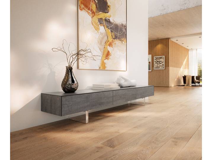 Lowboard Cuor 200 cm Keramik Beton Grau 1 Klappe 1 Schubfach Fuß Schwebeoptik Acrylglas, Lowboards