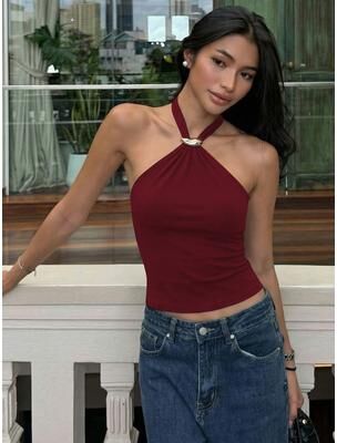 Daily Deals Depot Vintage Y2K Halter Backless Lace Up Tank Top For Women claret s