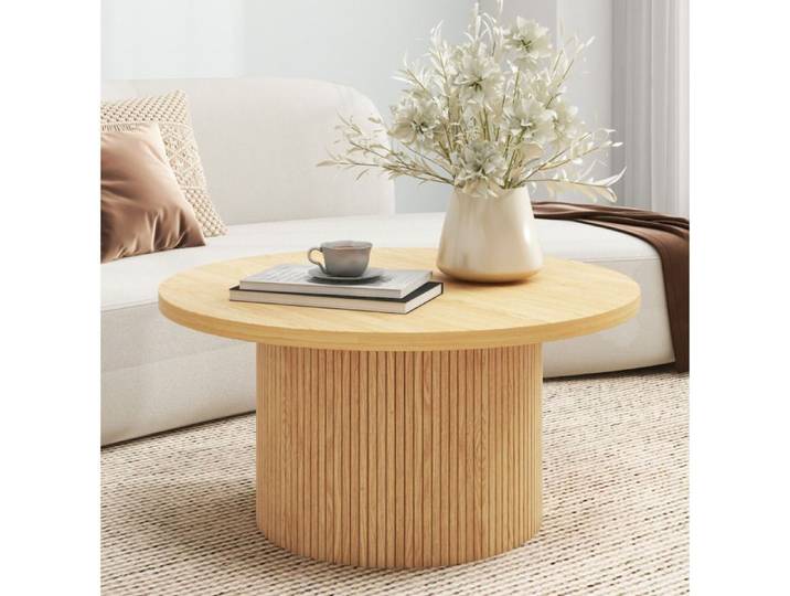 Table basse ronde 60 cm pour salon design piédestal bois naturel plateau MDF et base en Bois