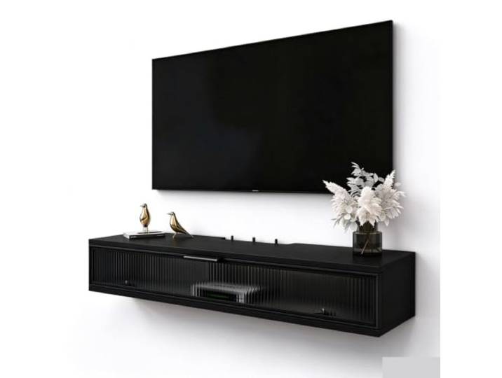 ROSEEONNE Schwarzer schwebender TV-Ständer mit Medienkonsole An der Wand montierter schwebender TV-Ständer. Wandhängender TV-Schrank for das Wohnzimmer