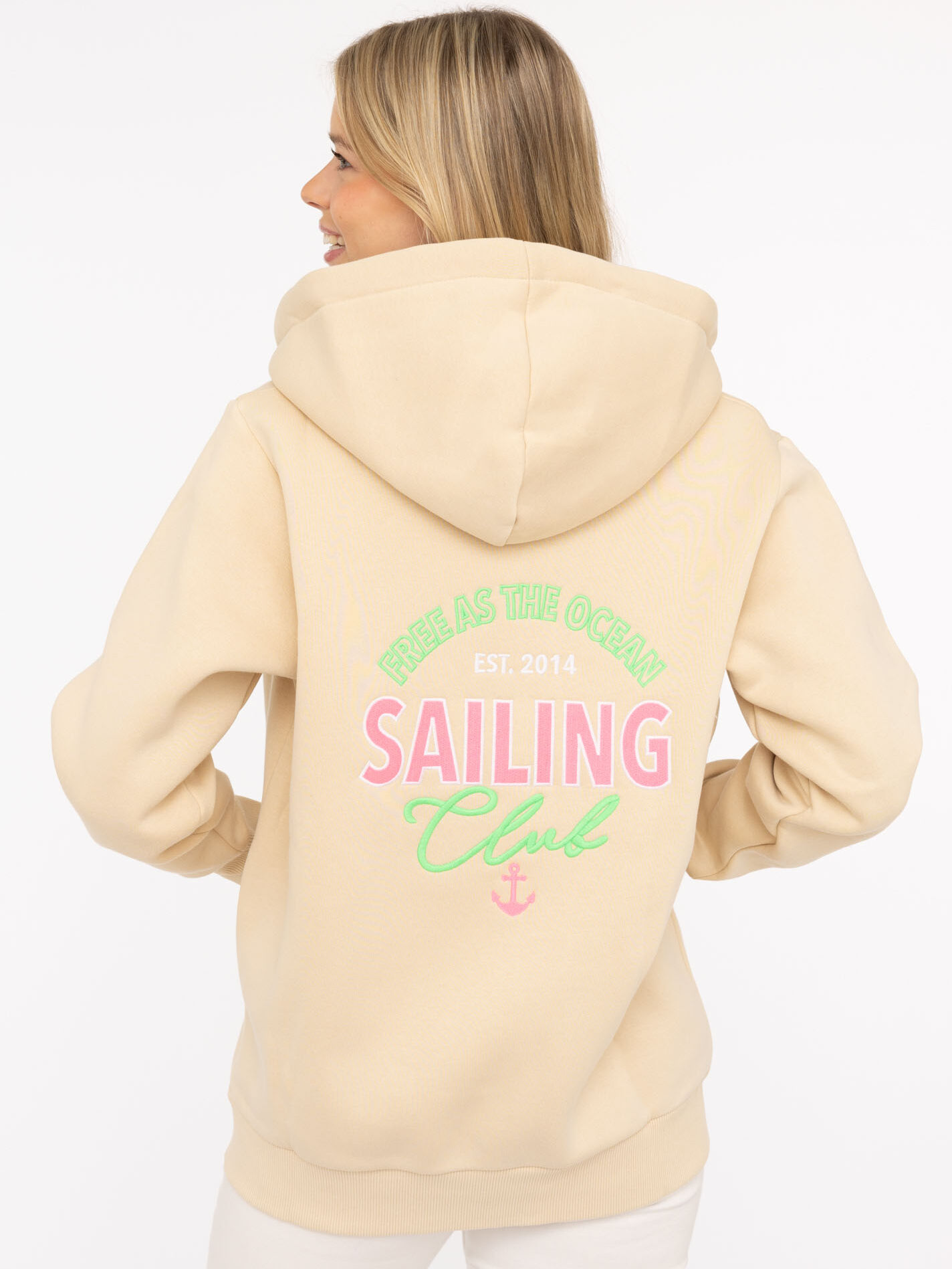 Kapuzensweatjacke ZWILLINGSHERZ "Sailing Club", Damen, Gr. L/XL, beige, angeraute Sweatware, Obermaterial: 50% Baumwolle, 50% Polyester, Sweatjacken Kapuzensweatjacke, Kapuzensweatjacke mit grosser SAILING Applikation am Rücken und Tasche beige L/XL
