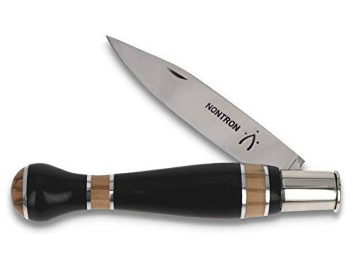 Nontron Taschenmesser Frankreich - 12 cm - Neusilber Ebenholz Olivenholz - T12 rostfreier Stahl - Messer Klinge Arretierung Virole