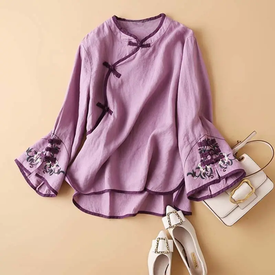 Lush Living Finds 2023 New Spring Womens Shirt, Chinese Style, Artistic Embroidery, Loose Fit, V Neck Top, Fashionable Clothes For Women xxl j215 Purple