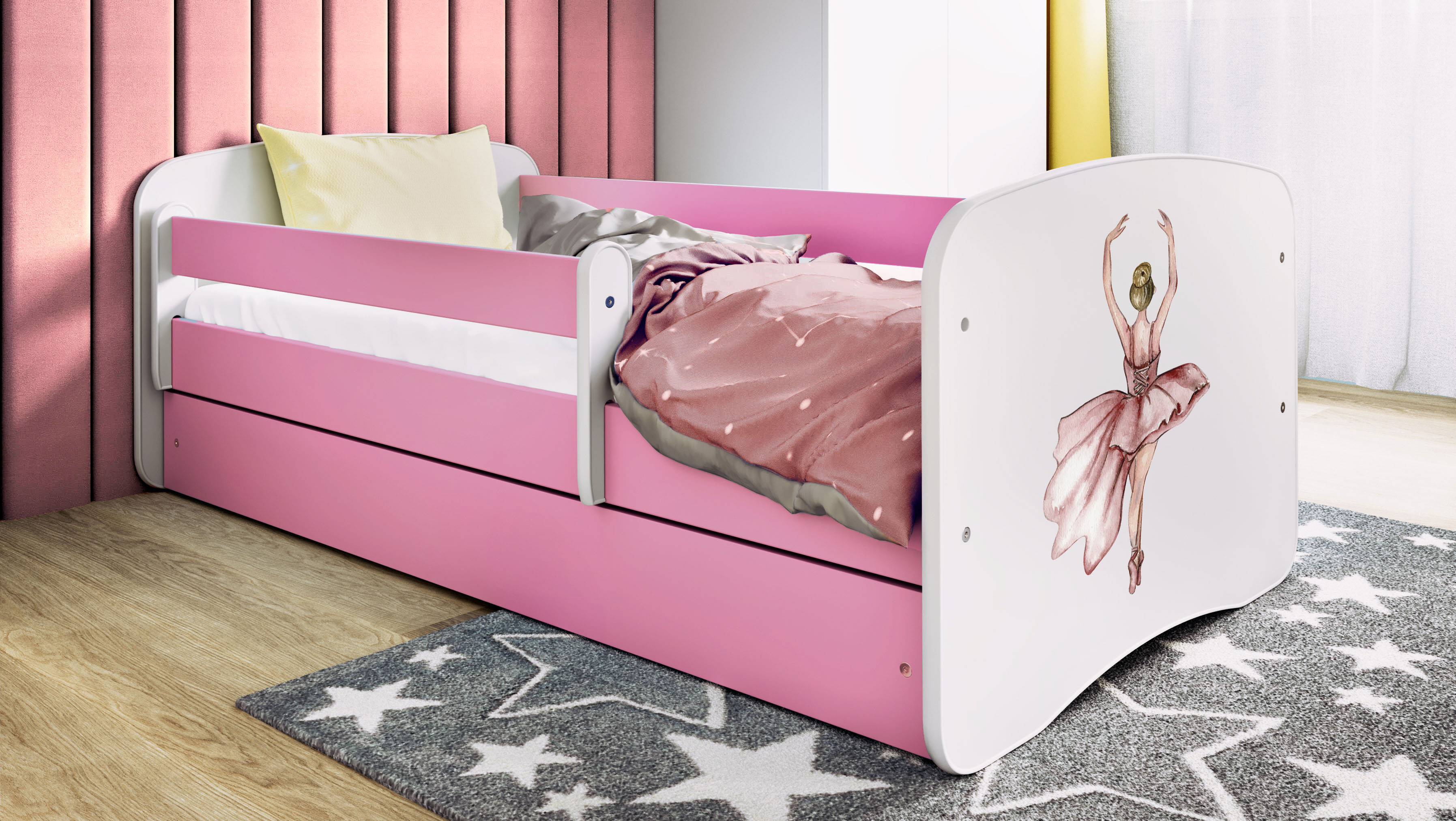 Kinderbett Jugendbett Tänzerin 70x140, 80x160, 80x180 cm - Komplettset mit Schublade & Rausfallschutz
