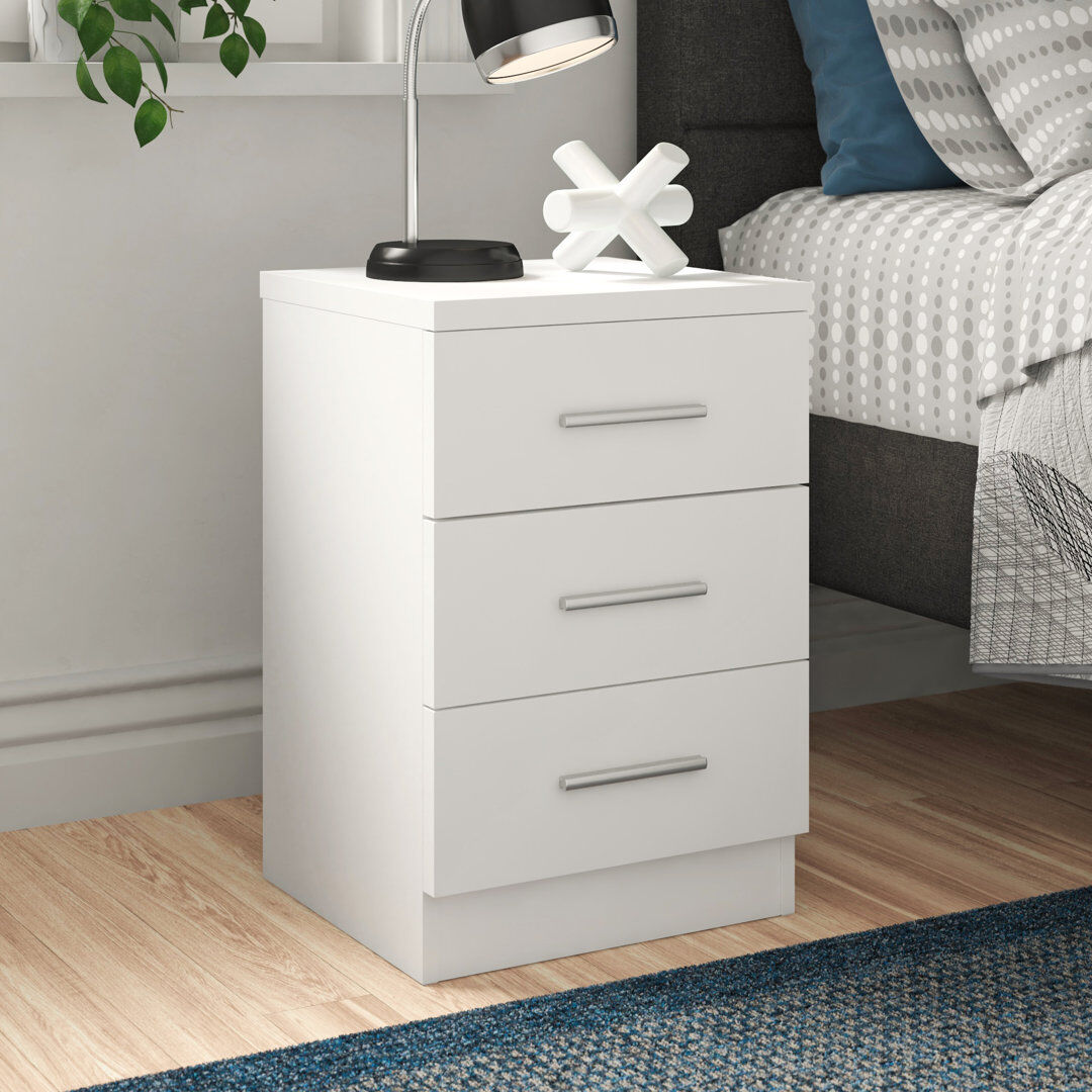 Zipcode Design Eva High Gloss 3 Drawer Bedside Table - H: 59.5cm x D: 38cm x W: 39.5cm Matt White/Gloss White 59.5cm H X 39.5cm W X 38cm D