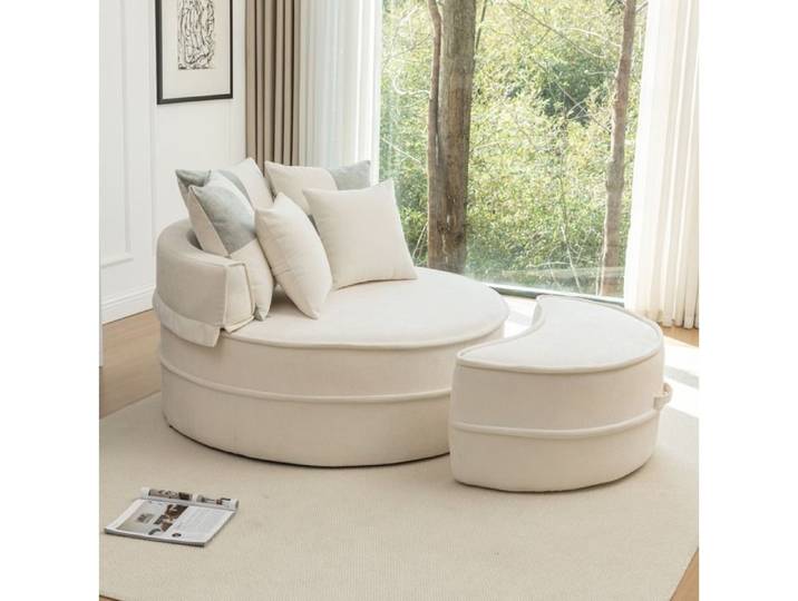 Fauteuil rond chaise lounge avec ottoman 5 coussins chenille beige sans montage intérieur FOLYNA