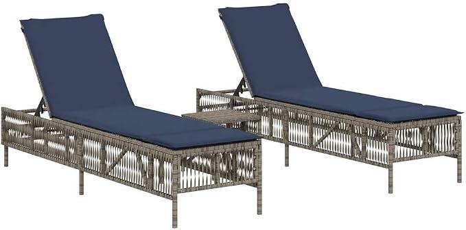 Sonnenliegen 2er Set mit Beistelltisch Grau, Polyrattan Gartenliege verstellbar mit Kissen in Marineblau, Rattan Relaxliege Set für Garten, Terrasse und Balkon