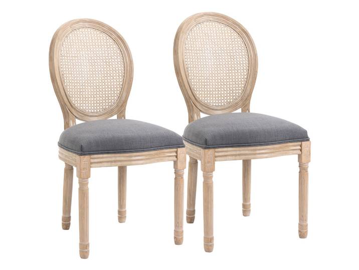 Homcom Esszimmerstühle 2er Set Küchenstuhl mit Rattan-Rückenlehne, Leinenoptik Grau, Echtholz,Kautschukholz, Füllung: Polyester, rund, 56x96x49 cm, Esszimmer, Stühle