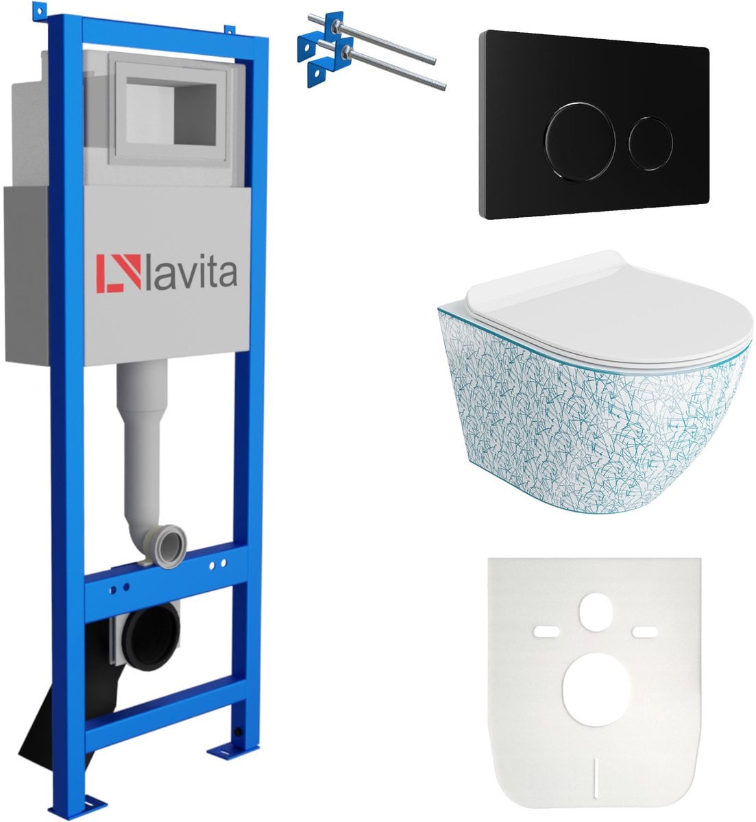 Lavita Complete Toiletset Sofi Slim Kresz met Voorwandelement en Bedieningspaneel, Zwart/Wit/Blauw