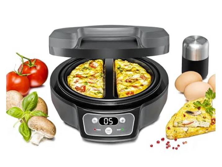 ROMMELSBACHER Omelett Chef OM 950 - Cool Touch Gehäuse, extratiefe Backmulden für 2 Omeletts, Antihaftbeschichtung, 20 Min. Zeitschaltuhr, LED-Display, Kontrolllampen, Überlaufrinne, 950 Watt