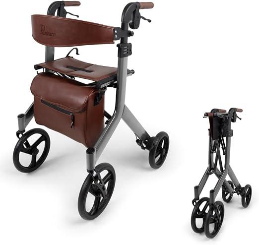 Vesta Rollator - Leicht (6,3kg), faltbar - Mit integriertem Bremssystem, gepolsterter Sitz- und Rückenlehne, Tasche, Stockhalter - Ideal für Alltag - Gehhilfe für Senioren - Silber