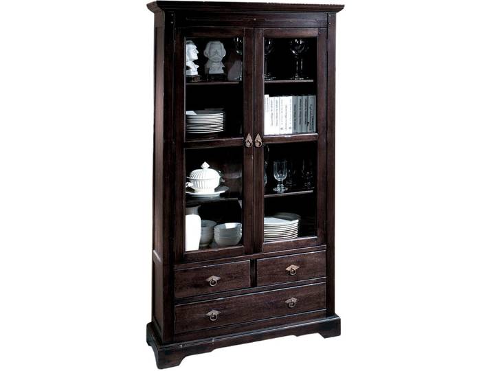 Vitrine SIT Omsk aus Akazie massiv mit 2 Glastüren & 3 Schubladen , braun (dunkelbraun), B:98cm H:183cm T:44cm, Massivholz, Schränke, Vitrine, Akazie massiv im Antikfinish mit 3 festen Einlegeböden