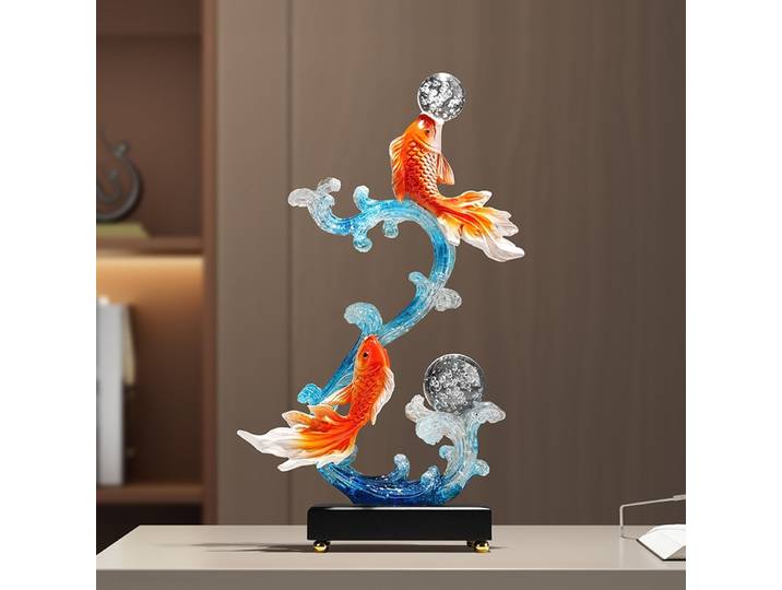 Statue de poisson Koi doré « Carpe sautant au-dessus du portail du dragon », ornement porte-bonheur Feng Shui pour la maison et le bureau