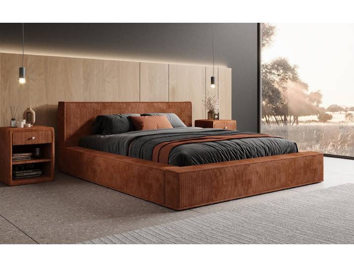 Designer Polsterbett Harmon in Cord mit Stauraum - 200x200 - Orange - Luxusbetten24