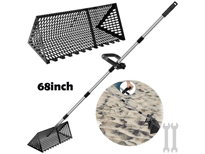 Râteau à puces de sable tamis à sable en acier inoxydable détachable 52/68 pouces à Long manche pliable tamis à dents de requin pour crabe de sable de plage