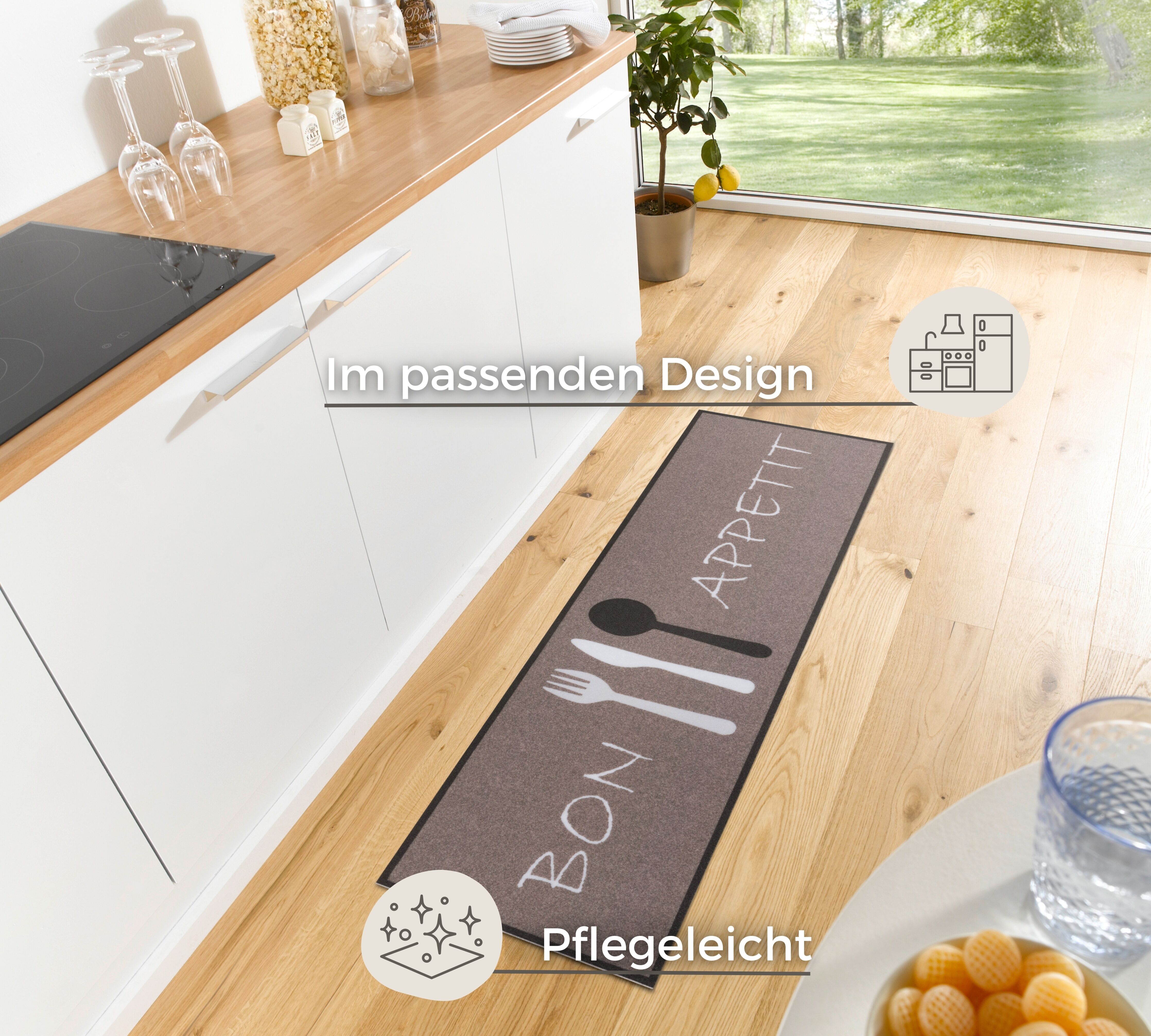 Küchenläufer HANSE HOME "Bon Appetit Cutlery", braun (braun,weiß), B:50cm H:3mm L:150cm, Polyester, Teppiche, Küchenläufer, Läufer, Rutschfest, Küchenteppich, Küche, Teppich, Pflegeleicht braun,weiß B : 50cm 1 Stk., 3mm, L: 150cm