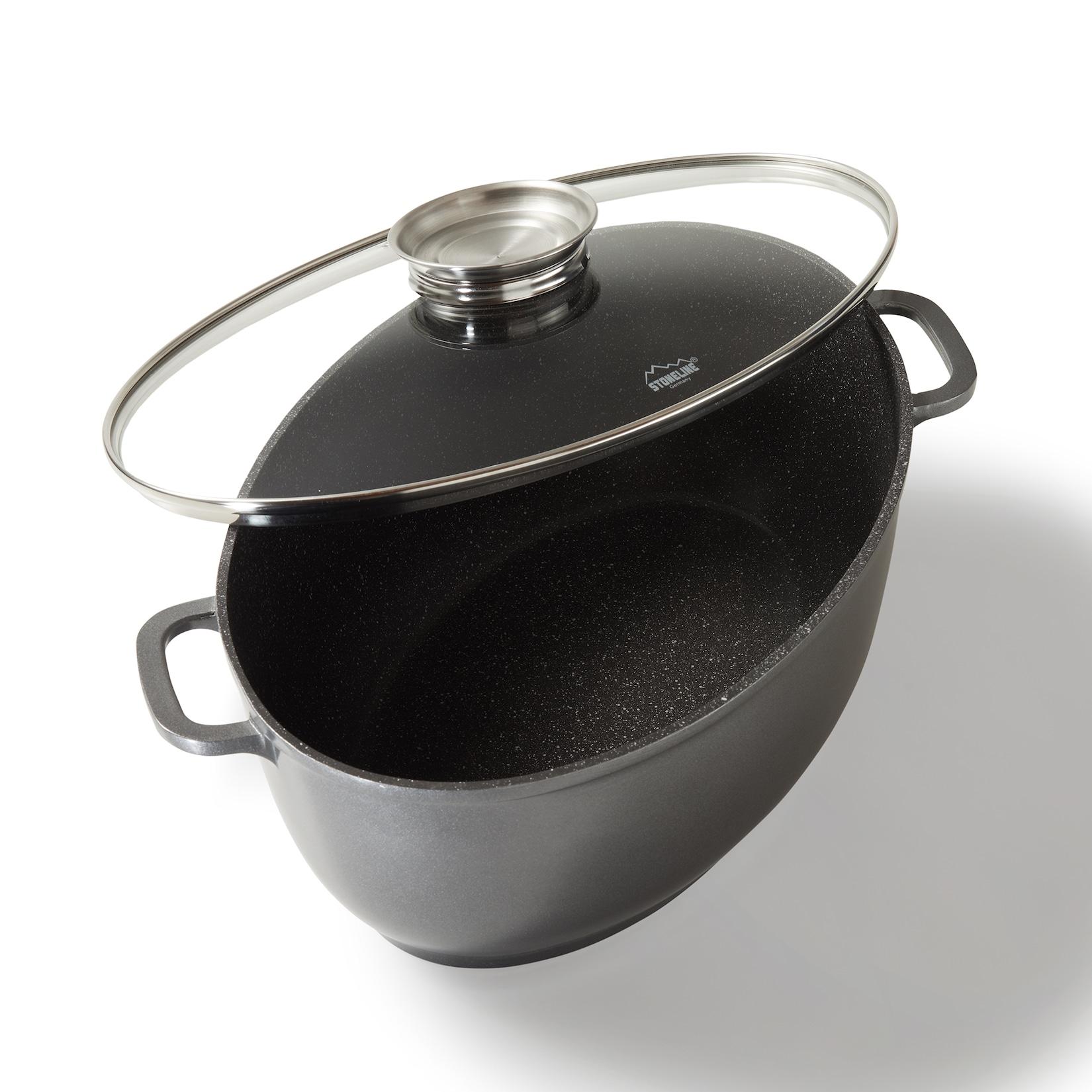 Stoneline Gourmet Bräter, oval, 38,8 x 26,3 cm, 8 L, mit Aroma-Glasdeckel zur dosierten Zugabe von Flüssigkeiten, Aluguss Bräter Induktion und backofengeeignet, Antihaftbeschichtung mit echten