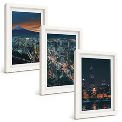 BILDER SET 3er Set - 20x30 cm Weißer Rahmen - Bergpanorama der Stadt bei Nacht