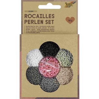 Folia Rocailles-Perlen-Set SILBER, ~90g Perlen, 3x1m Nylonfaden, 3 Verschlüsse