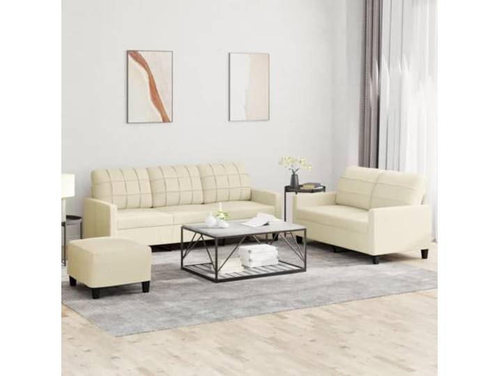 HEFZGDB 3-TLG. Sofagarnitur mit Kissen Creme Kunstleder, Langlebiges Sofaset mit Hocker, Robuste Metallkonstruktion, Dicke Polsterung für Komfort, Schmutzabweisende Oberfläche,