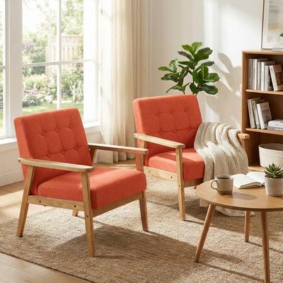 SEYNAR Mid-Century Linen Button-Tufted Accent Chair Set of 2 with Solid Wood Frame