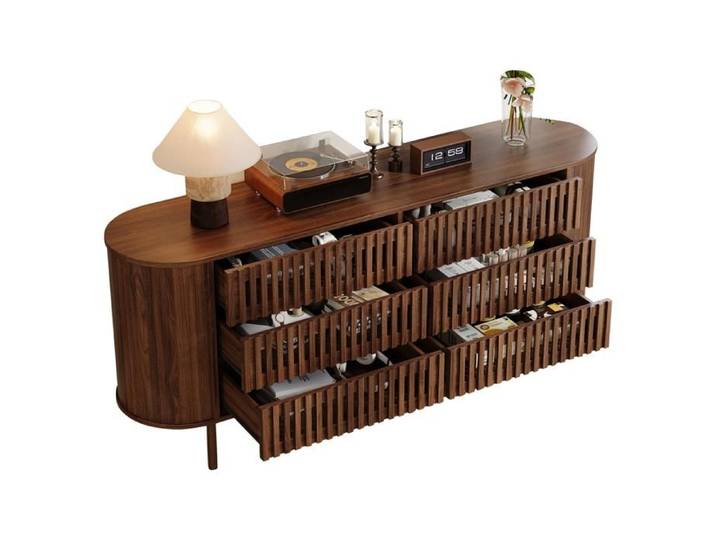 Buffet Bahut de Salon - 160 cm - 6 Tiroirs - Enfilade Noyer - Style Scandinave Moderne - design à lamelles creuses