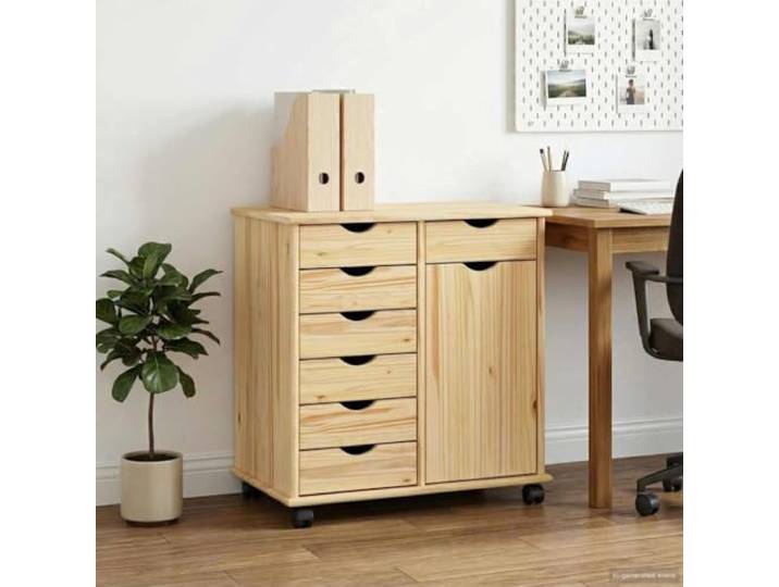 Rollschrank Braun 63.5 x 39 x 65.5 cm, Massivholz Kiefer 7 Schubladen und 1 Tür, 4 Rollen für flexibles Verschieben, matte Oberfläche, für Arbeitszimmer, Massivholz kiefer
