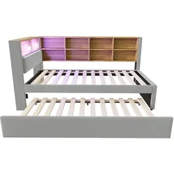MODFU Schlafsofa Flanell Hellgrau 213x103x98 cm mit Ausziehbett 90x190 cm, LED, USB-C und Stauraum