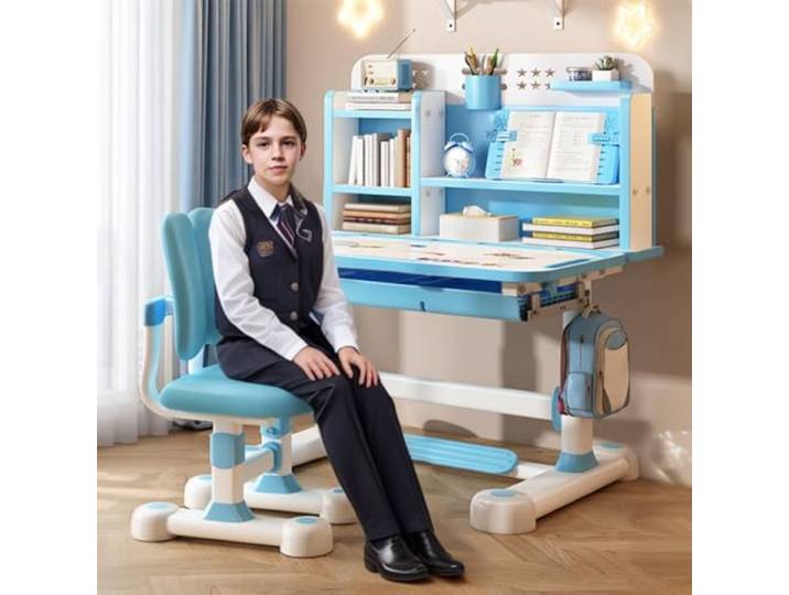 Kinderschreibtisch mit Stuhl, Kinder Schreibtisch mit neigbarer Tischplatte Höhenverstellbar, Ergonomisches Design, Multifunktionale Aufbewahrung, Ideal für Lernen, Malen und Basteln ab 6 Jahren
