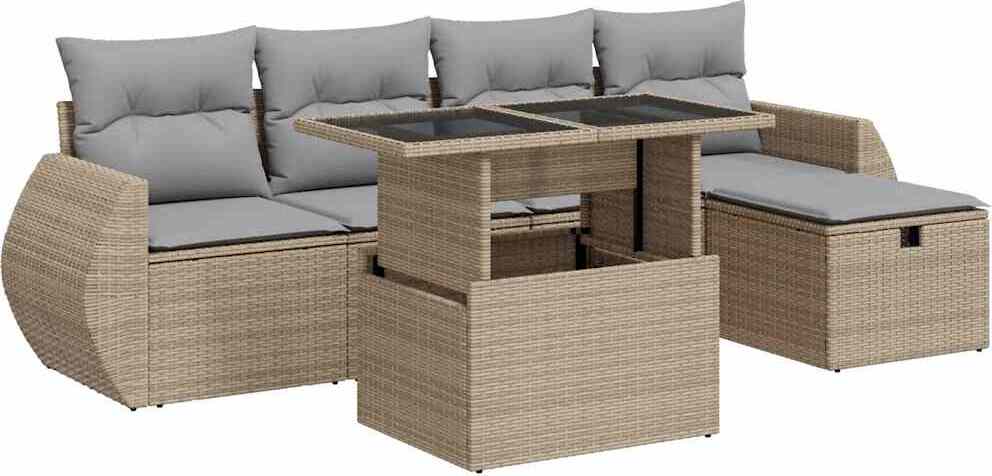 6-tlg. Garten-Sofagarnitur mit Kissen Beige Poly Rattan