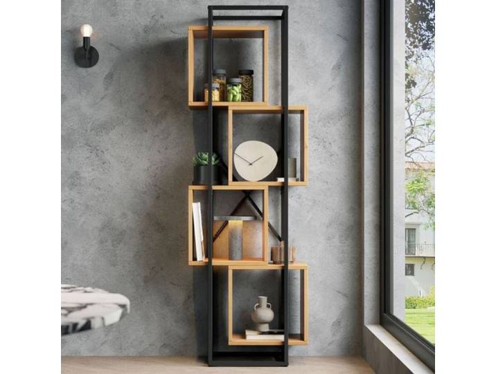 Bibliothèque scandinave étagère de présentation 4 niches empilables structure MDF et métal noir 59x30x180 cm