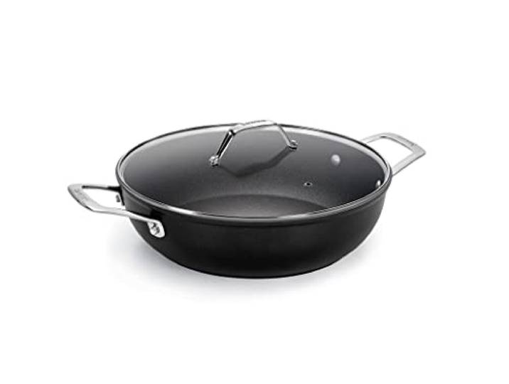 Barazzoni Black Titan Pro, tiefer Stieltopf Ø 28 cm mit Glaslid, Griff aus genietetem Stahl, Antihaftbeschichtung Titan Pro (5 Schichten). Induktion, kompatibel mit Made in Italy