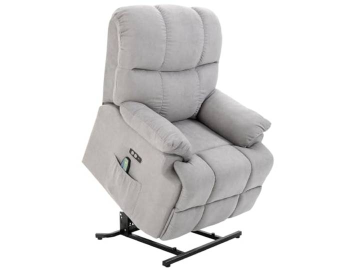 HOMCOM Sessel mit Aufstehhilfe, Massagesessel mit USB-Anschluss, Grau Relaxsessel, Fernsehsessel mit Fernbedienung, Seitentasche, Neigebarer TV-Sessel mit Samtoptik