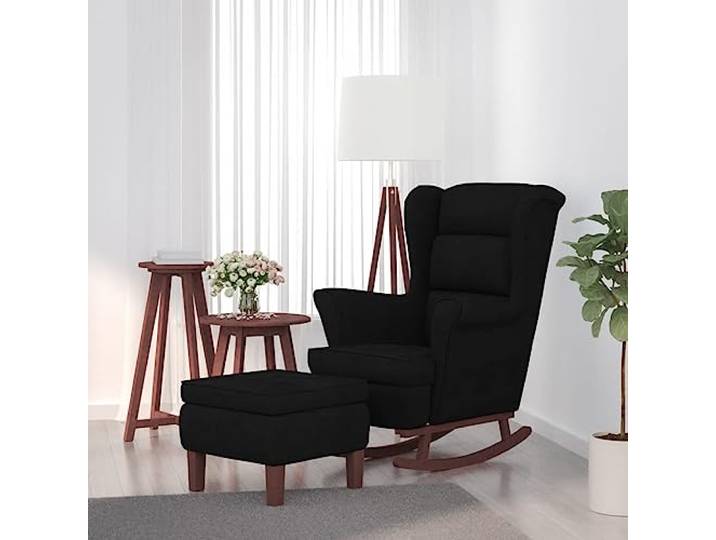 NLQMSU Schaukelstuhl, Velours, Schwarz, mit Hocker Massivholz, hohe Rückenlehne, bequeme Armlehnen, maximale Belastung 110 kg, für Wohnzimmer