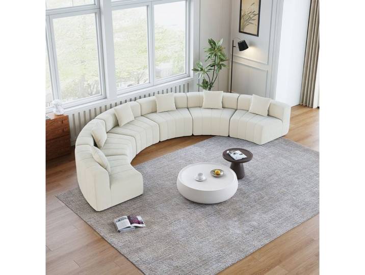 MEULVA Canapé modulable 6 places demi-cercle en chenille beige avec 2 coussins