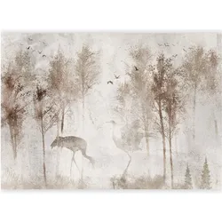 Artgeist, Tapete, Fototapete - Among the trees - landscape in grey tones in fog in a clearing with birds (450 x 315 cm)