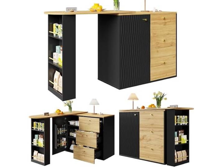 Ropilly ausziehbarer Bartisch mit Stauraum 138-204 cm 360° drehbar und ausziehbar für flexible Nutzung; MDF mit Holzmaserung und Metallgriffen