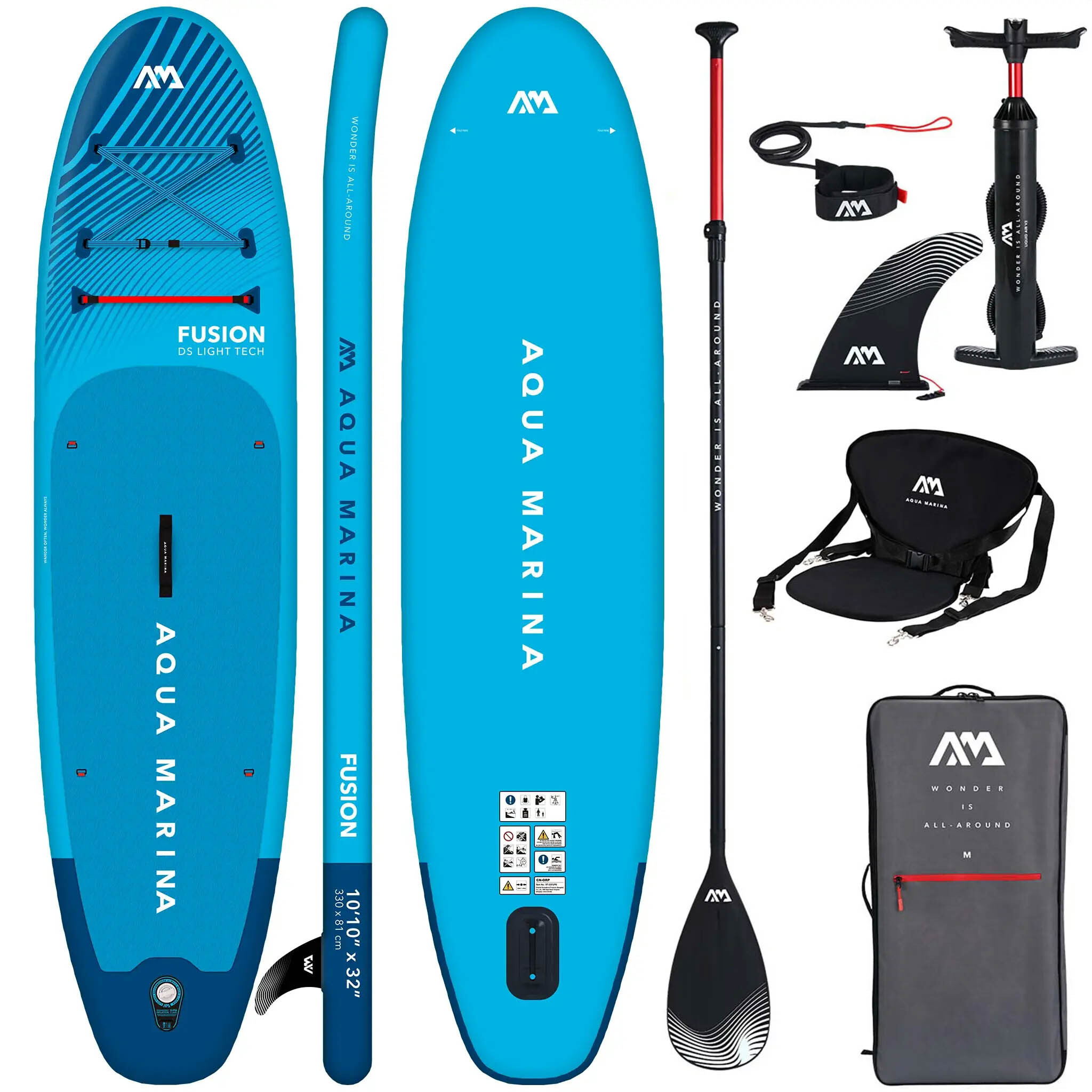 Aqua Marina Fusion SUP Board 330 cm aufblasbar - Allround Paddleboard für Anfänger - Blau + Kajak Sitz