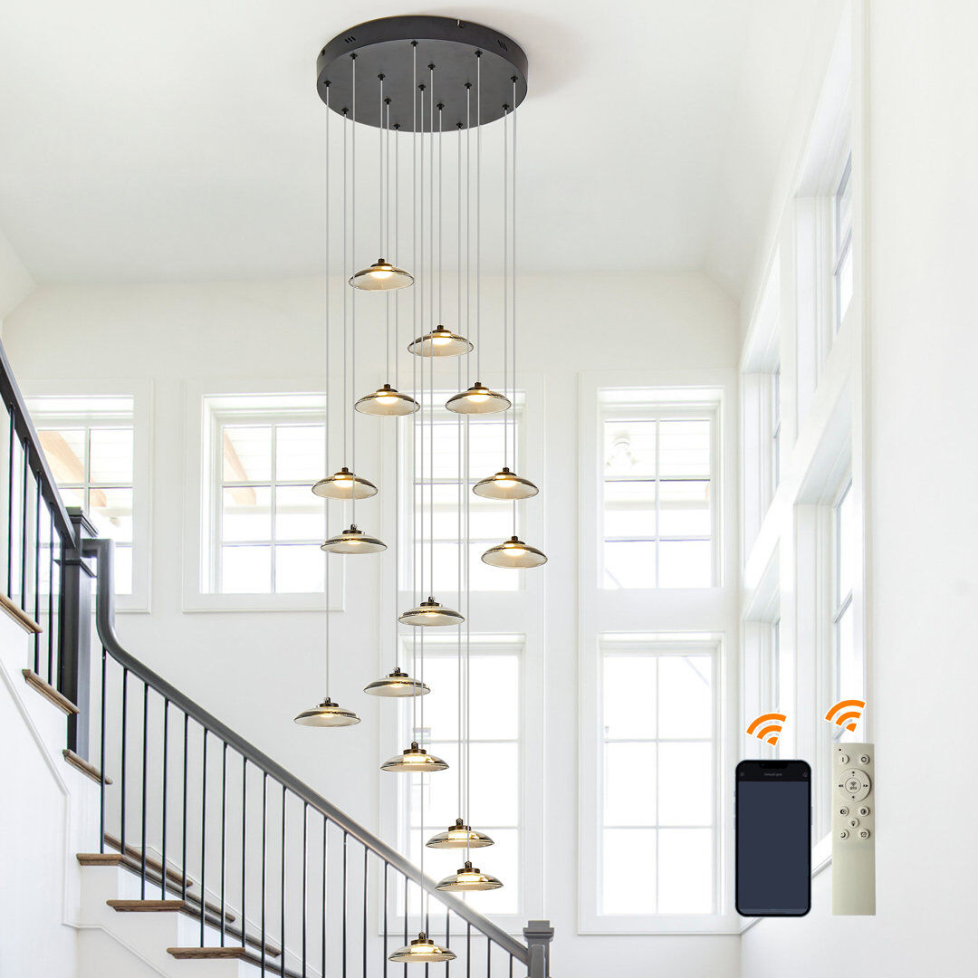 Blue Elephant 15 - Light Cluster LED Dimmable Pendant Light Long Staircase Chandelier with Remote Control Included Black 158cm H X 46cm W X 46cm D