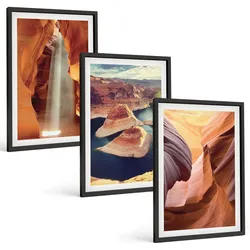 BILDER SET 3er Set - 40x60 cm Schwarzer Rahmen - Wasserfall in der Schlucht