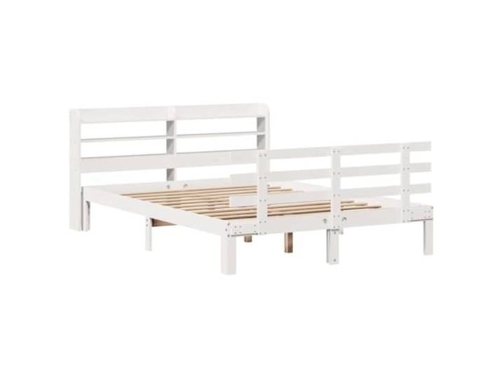 KTHLBRH Doppelbett weiß 135 x 190 cm Kiefernholz Lattenrost aus Sperrholz, Kopfteil mit Regalböden, Montage erforderlich