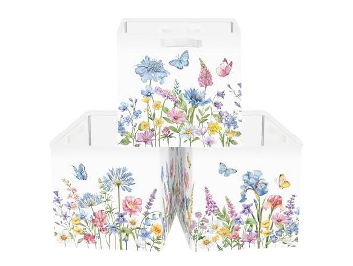 Clastyle Lot de 3 Boite Rangement Tissu Fleurs Sauvages Cube de Rangement Pliable Femmes Panier Kallax pour Salle de Bain\,Fleurs Bleues\,30x30x30 cm