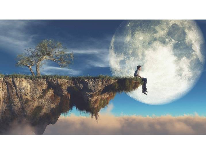 Fototapete PAPERMOON Mann an Klippe vor Mond , bunt, B:2,5m L:1,86m, Vlies, Tapeten, Fototapete