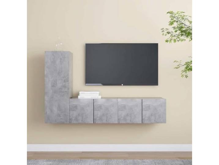 HEFZGDB 3-TLG. TV-Schrank-Set Betongrau Holzwerkstoff Wandmontage Stauraum Organizer