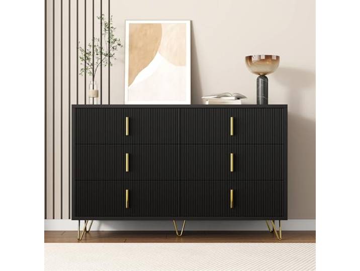 Merax Sideboard 120x40x77 cm, mit 6 Schubladen, goldenen Griffen & goldenen Beinen, platzsparendes Design, modernes Wohnzimmer Esszimmer Möbel, Schwarz